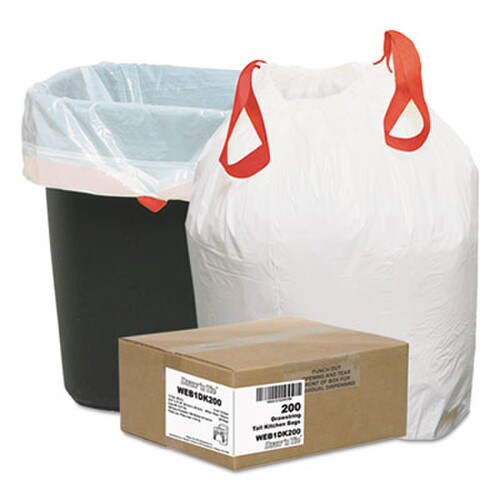 Draw 'n Tie® Heavy-Duty Trash Bags, Drawstring, 13 gal, 24.5" x 27.38", White, 50 Bags/Roll, 4 Rolls/Box Item: WBI1DK200