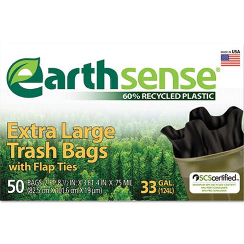 Earthsense® Large Trash Bags, 33 gal, 0.75 mil, 32.5" x 40", Black, 50/Box Item: WBIGES6FTL50