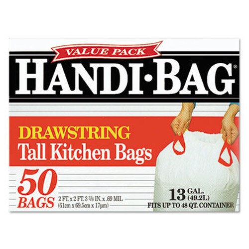 Handi-Bag® Drawstring Kitchen Bags, 13 gal, 24" x 27.38", White, 50/Box Item: WBIHAB6DK50