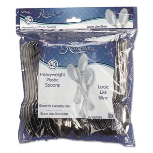 WNA Reflections Heavyweight Plastic Utensils, Spoon, Silver, 6 1/4", 40/Pack Item: WNAREF320SPPK