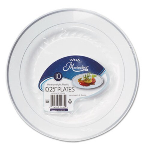 WNA Masterpiece Plastic Dinnerware, 10.25" dia, White/Silver, 10/Pack Item: WNARSM101210WSP