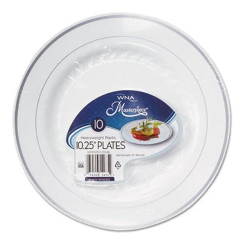 WNA Masterpiece Plastic Plates, 10.25" dia, White/Silver, 10/Pack, 12 Packs/Carton Item: WNARSM101210WS